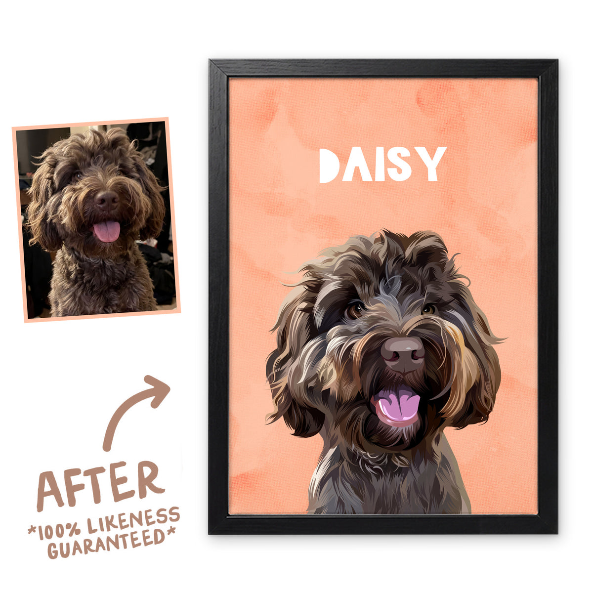 Peach Wanderer pet portrait of Daisy in a black frame, before and after, 100% likeness guaranteed
