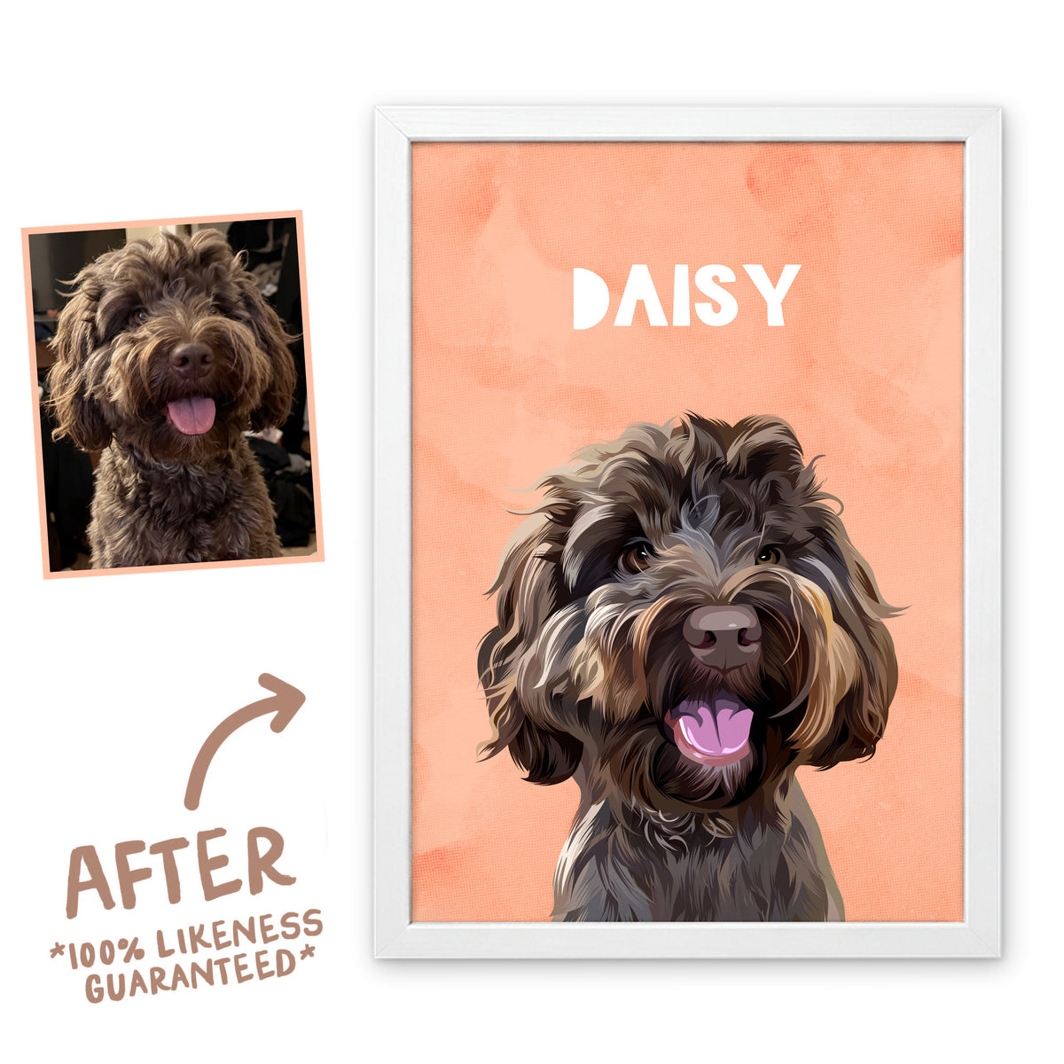 Peach Wanderer pet portrait of Daisy in a white frame, before and after, 100% likeness guaranteed