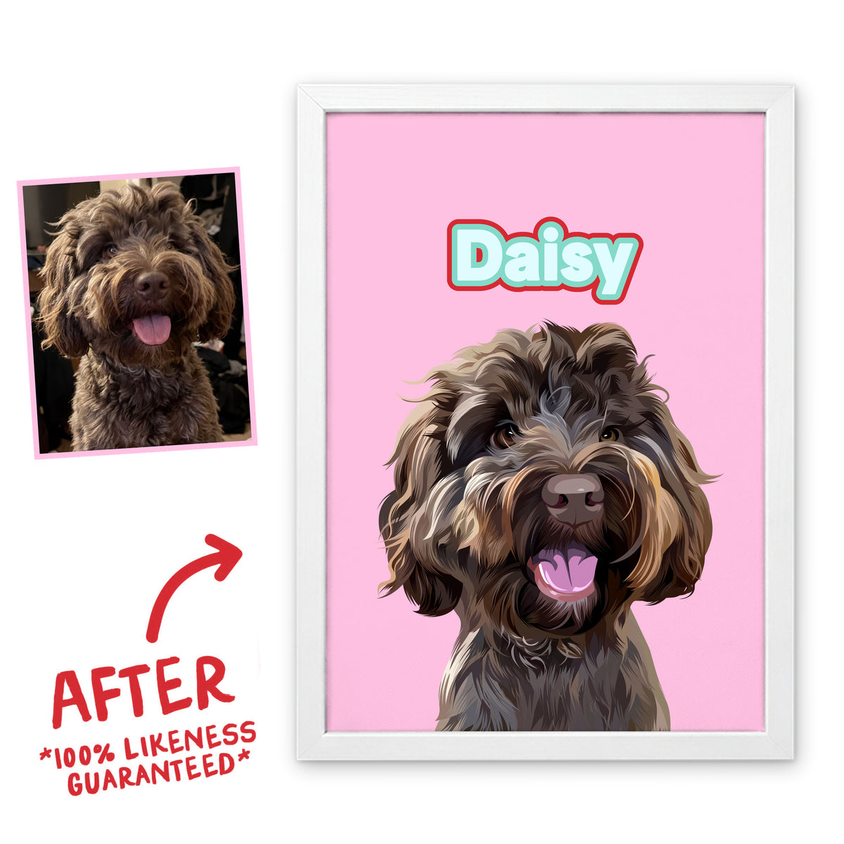 Bubblegum Wild pet portrait of Daisy in a white frame, before and after, 100% likeness guaranteed