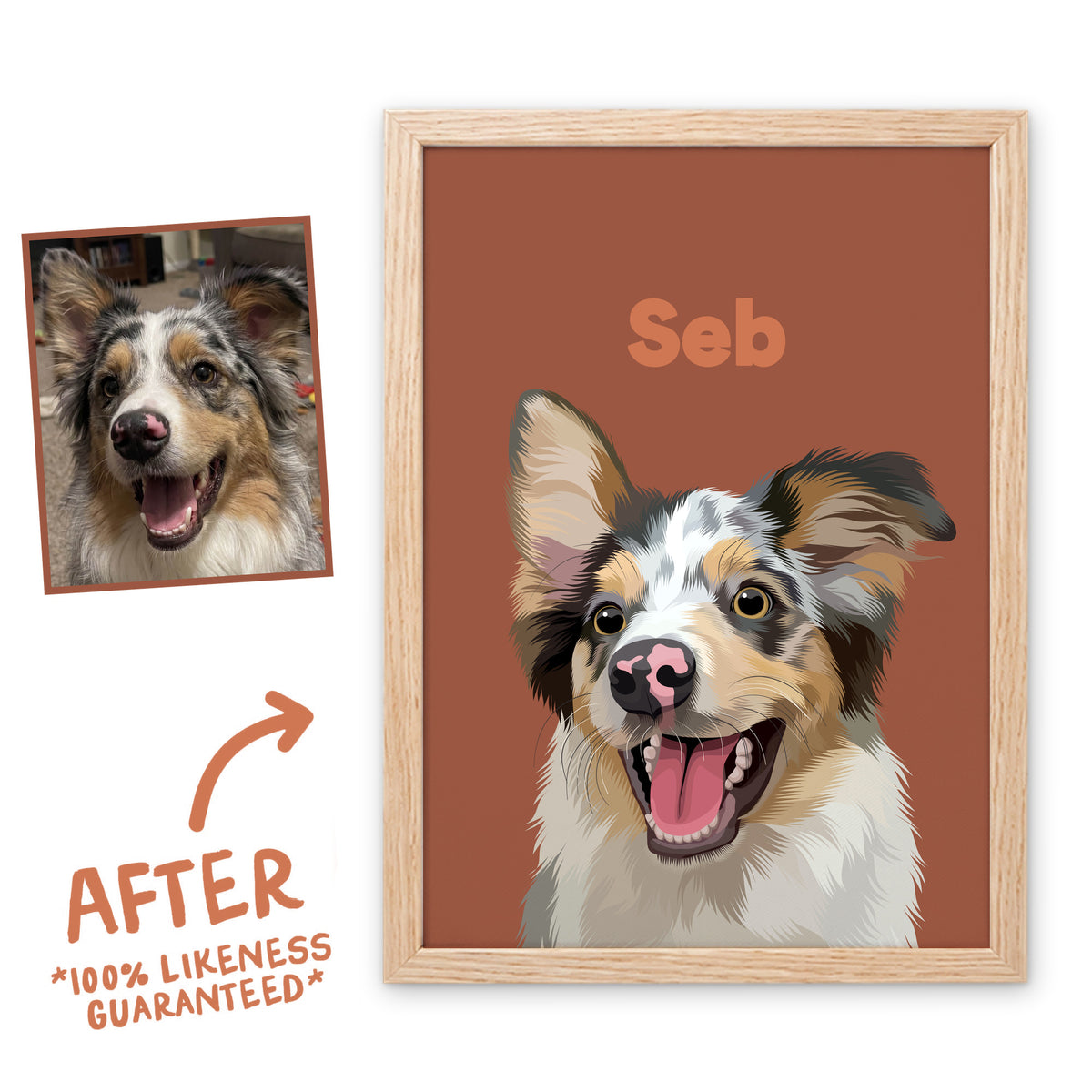 Cocoa Wild pet portrait of Seb in a light birch frame, before and after, 100% likeness guaranteed