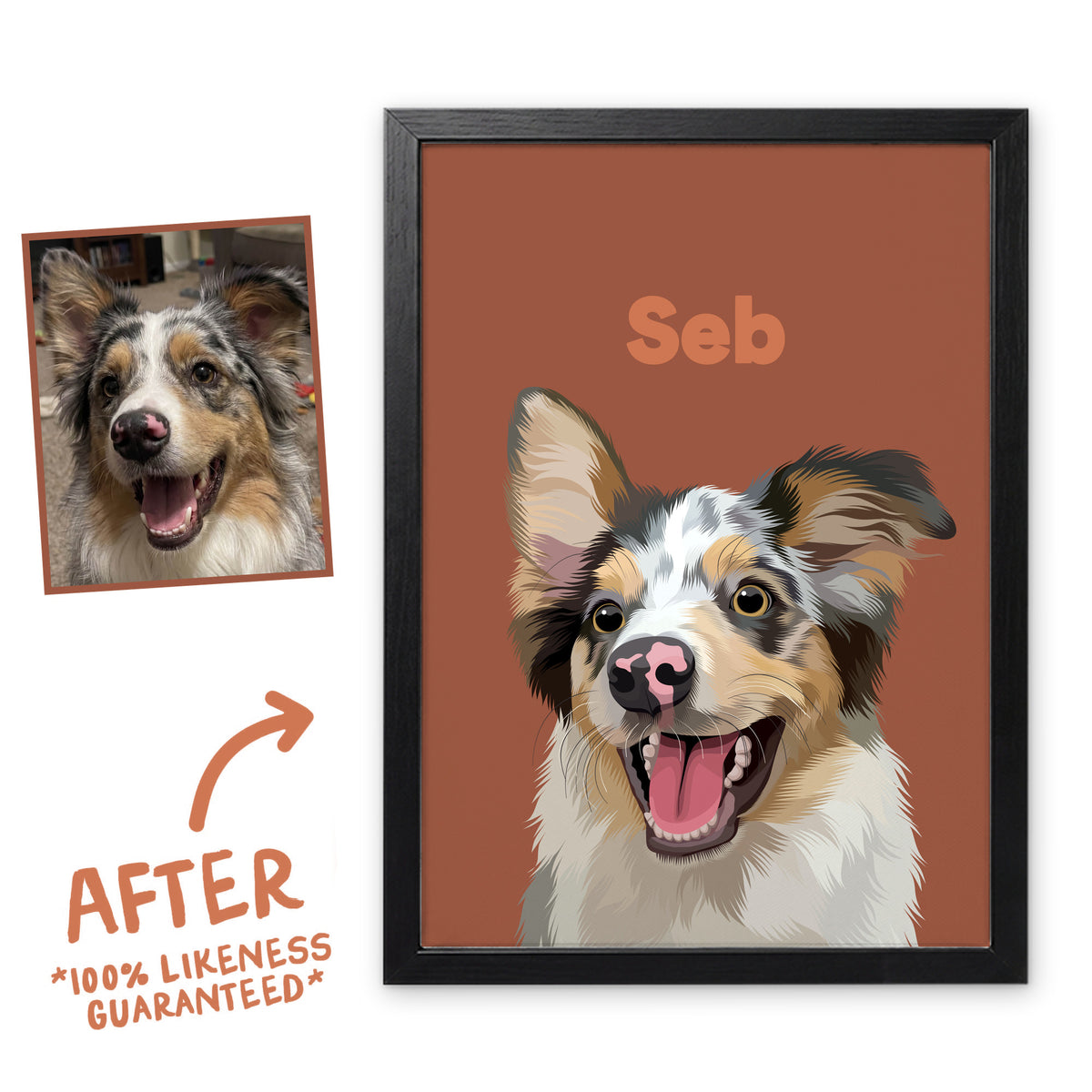 Cocoa Wild pet portrait of Seb in a black frame, before and after, 100% likeness guaranteed
