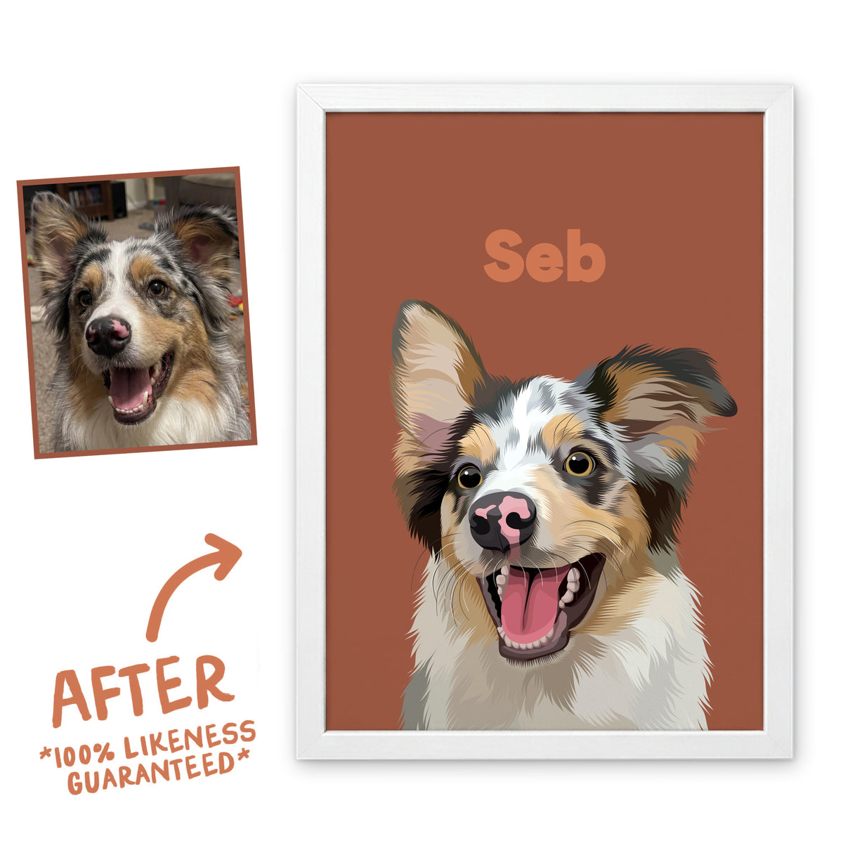 Cocoa Wild pet portrait of Seb in a white frame, before and after, 100% likeness guaranteed