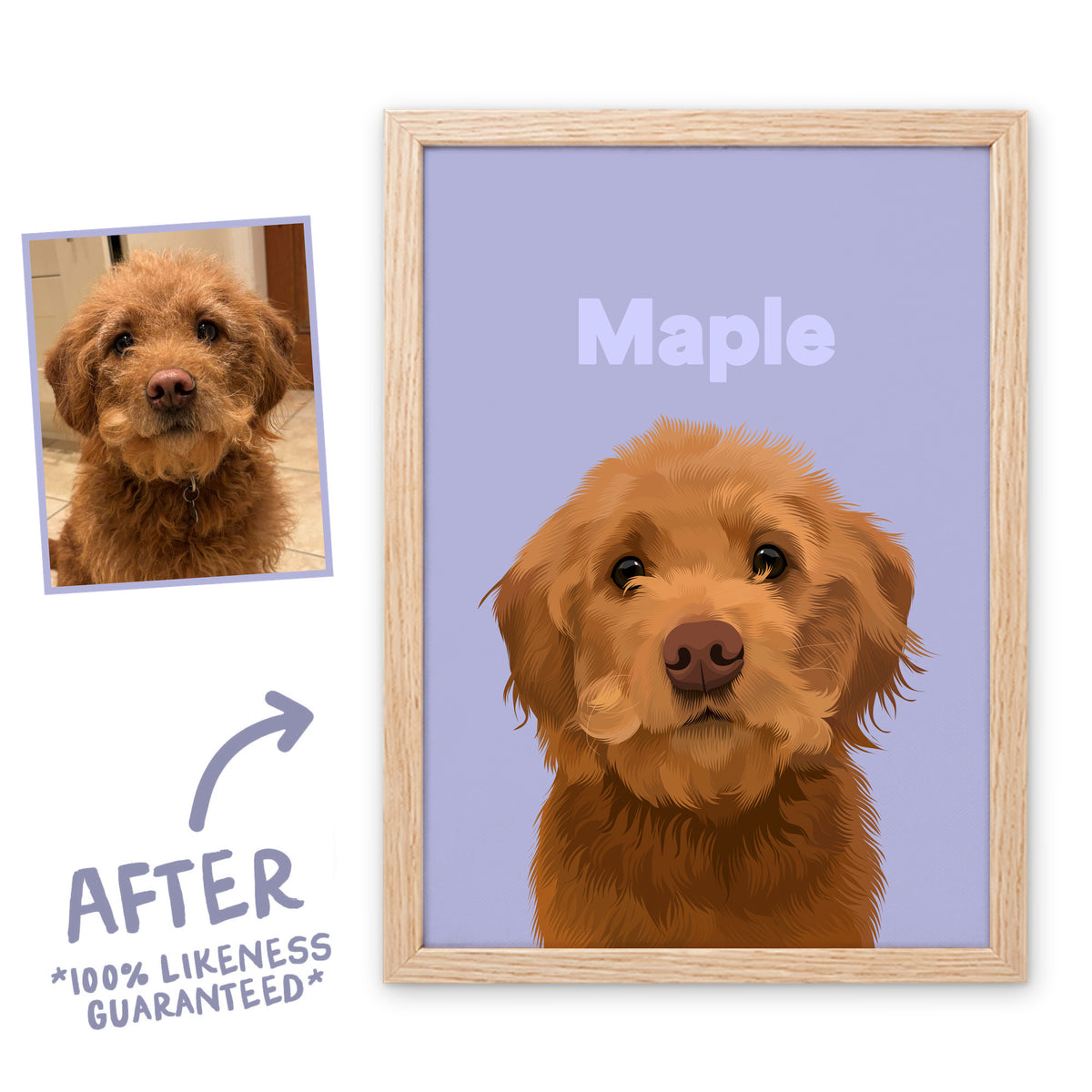 Lilac Wild pet portrait of Maple in a light birch frame, before and after, 100% likeness guaranteed