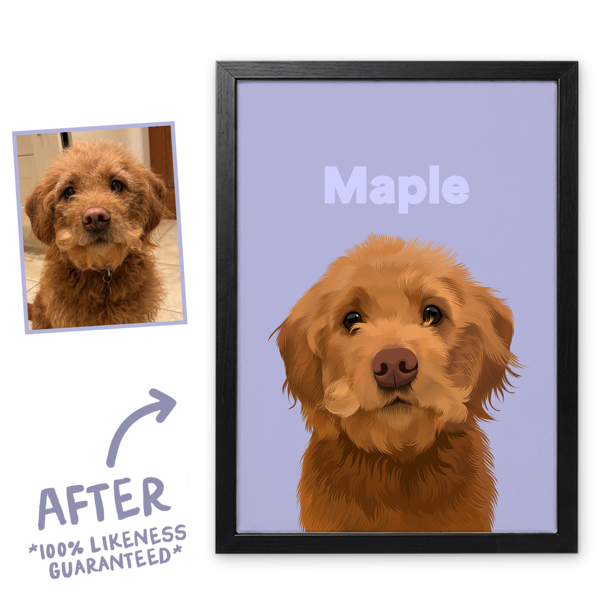 Lilac Wild pet portrait of Maple in a black frame, before and after, 100% likeness guaranteed