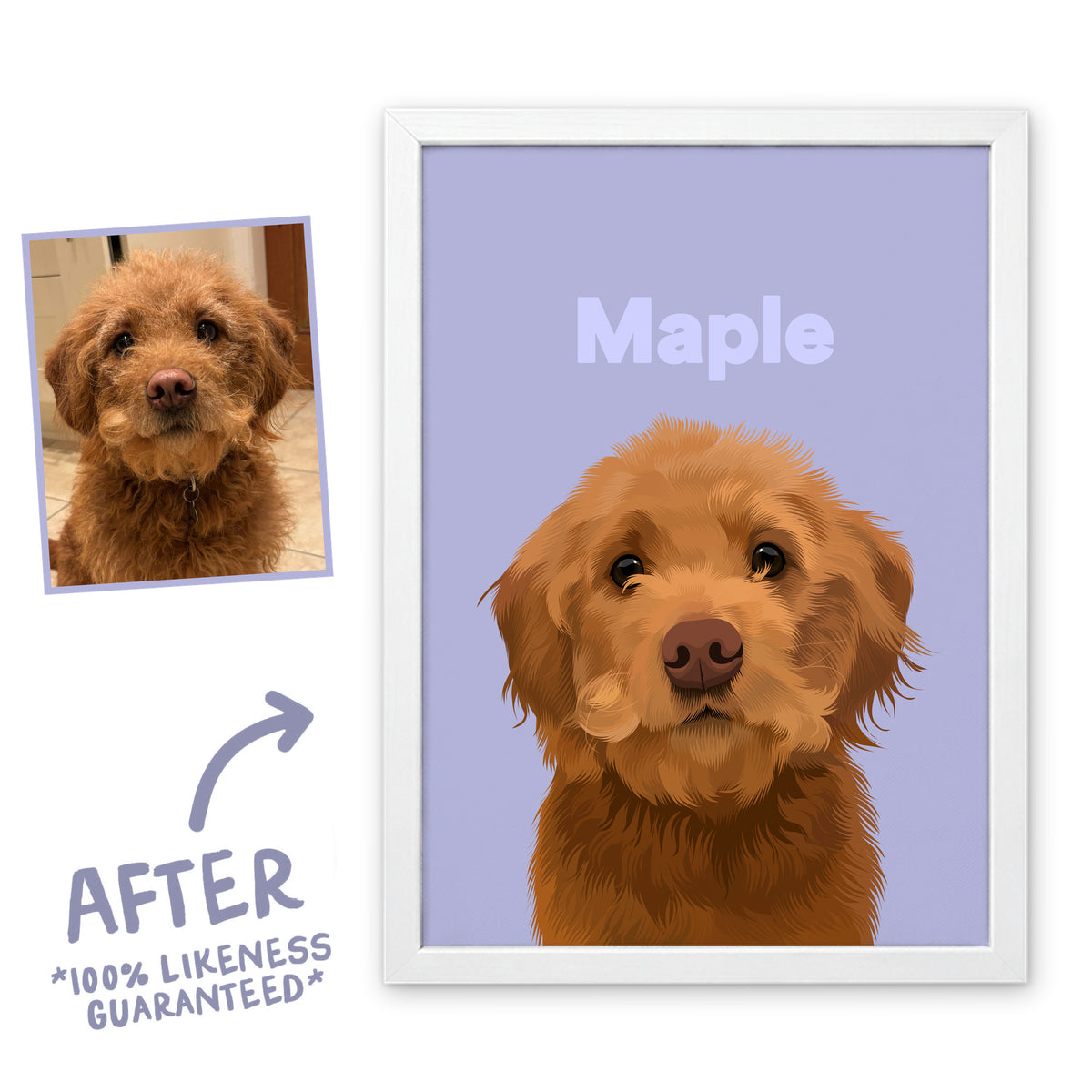Lilac Wild pet portrait of Maple in a white frame, before and after, 100% likeness guaranteed