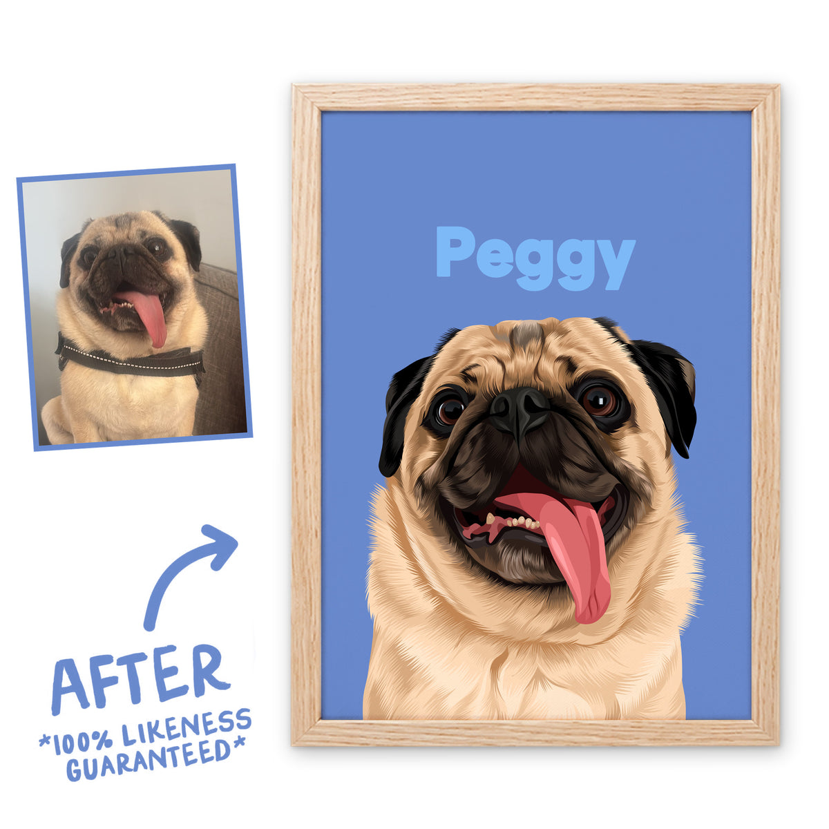 Moonstone Wild pet portrait of Peggy in a light birch frame, before and after, 100% likeness guaranteed