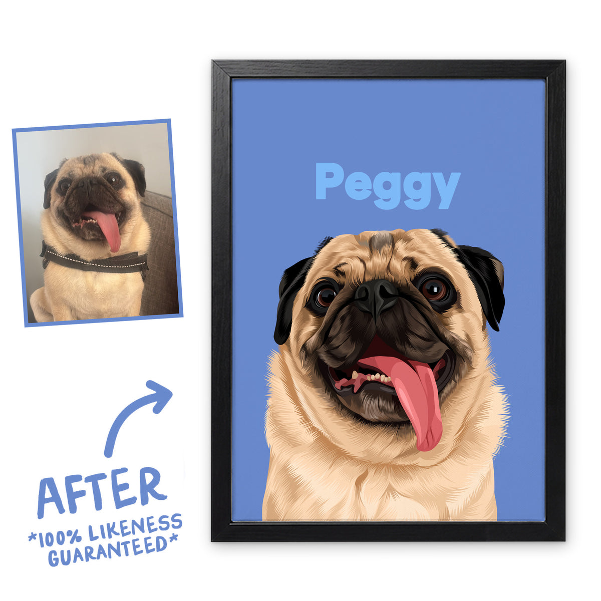 Moonstone Wild pet portrait of Peggy in a black frame, before and after, 100% likeness guaranteed