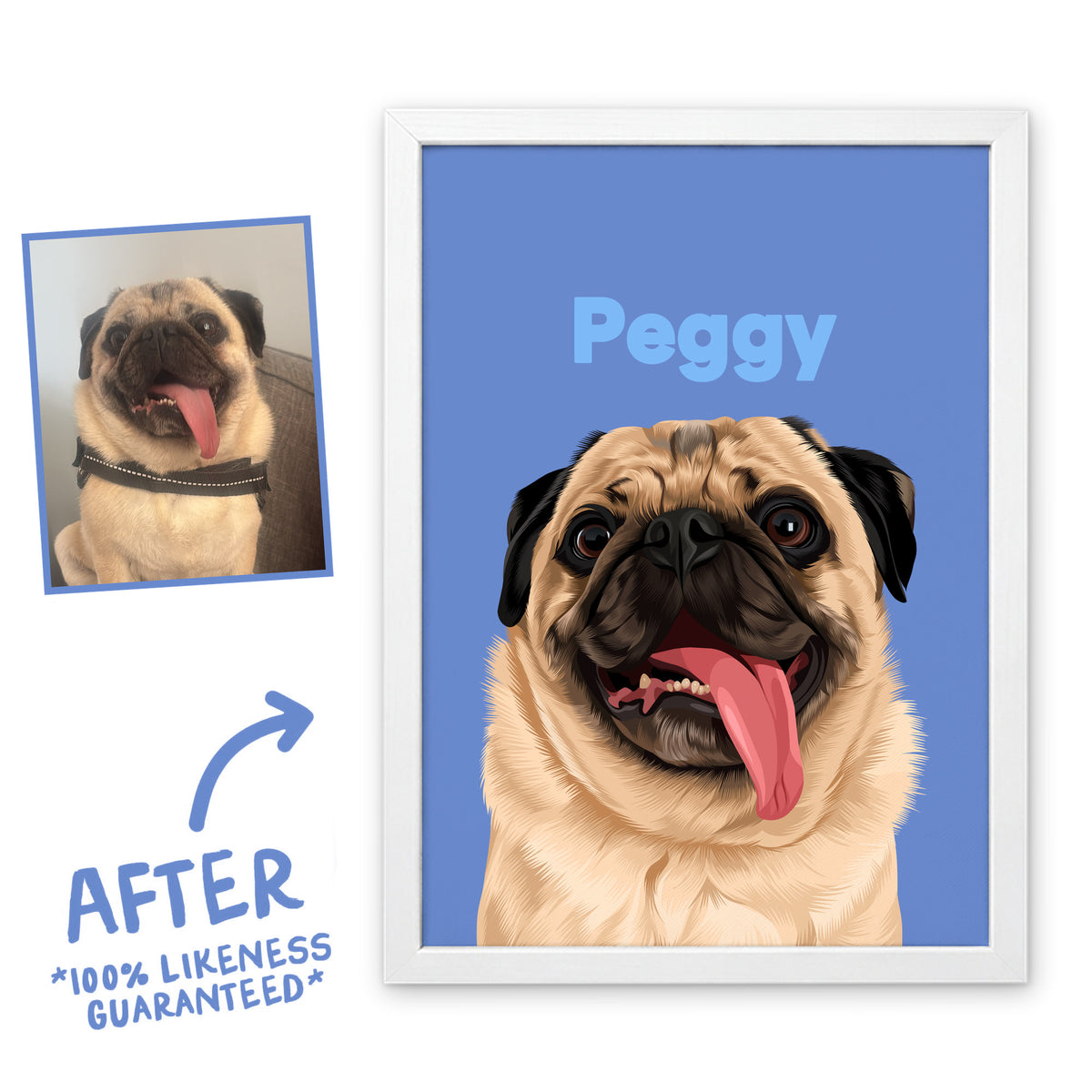 Moonstone Wild pet portrait of Peggy in a white frame, before and after, 100% likeness guaranteed