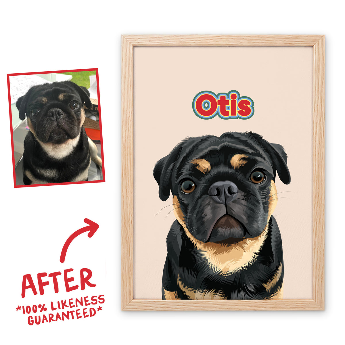 Retro Wild pet portrait of Otis in a light birch frame, before and after, 100% likeness guaranteed
