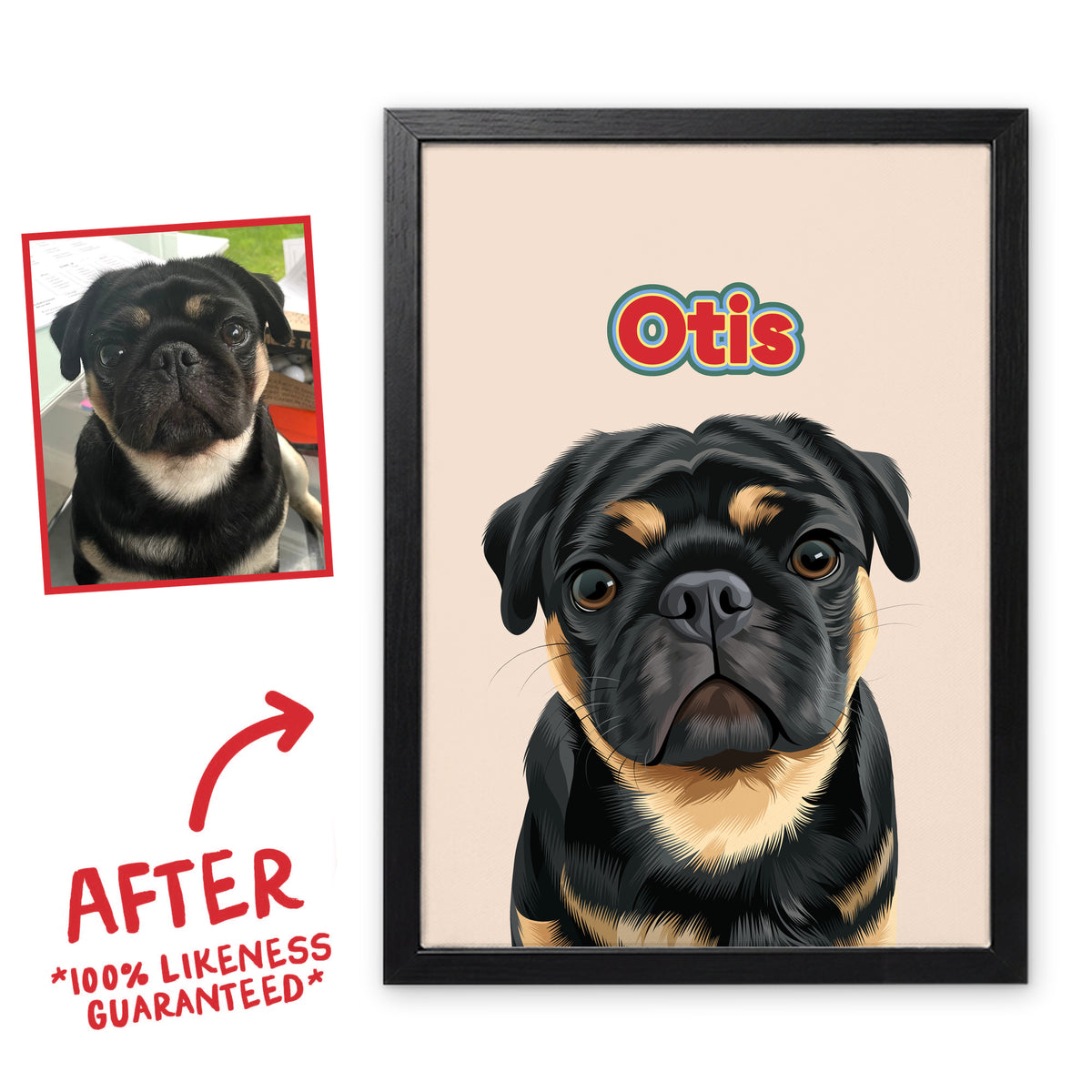 Retro Wild pet portrait of Otis in a black frame, before and after, 100% likeness guaranteed