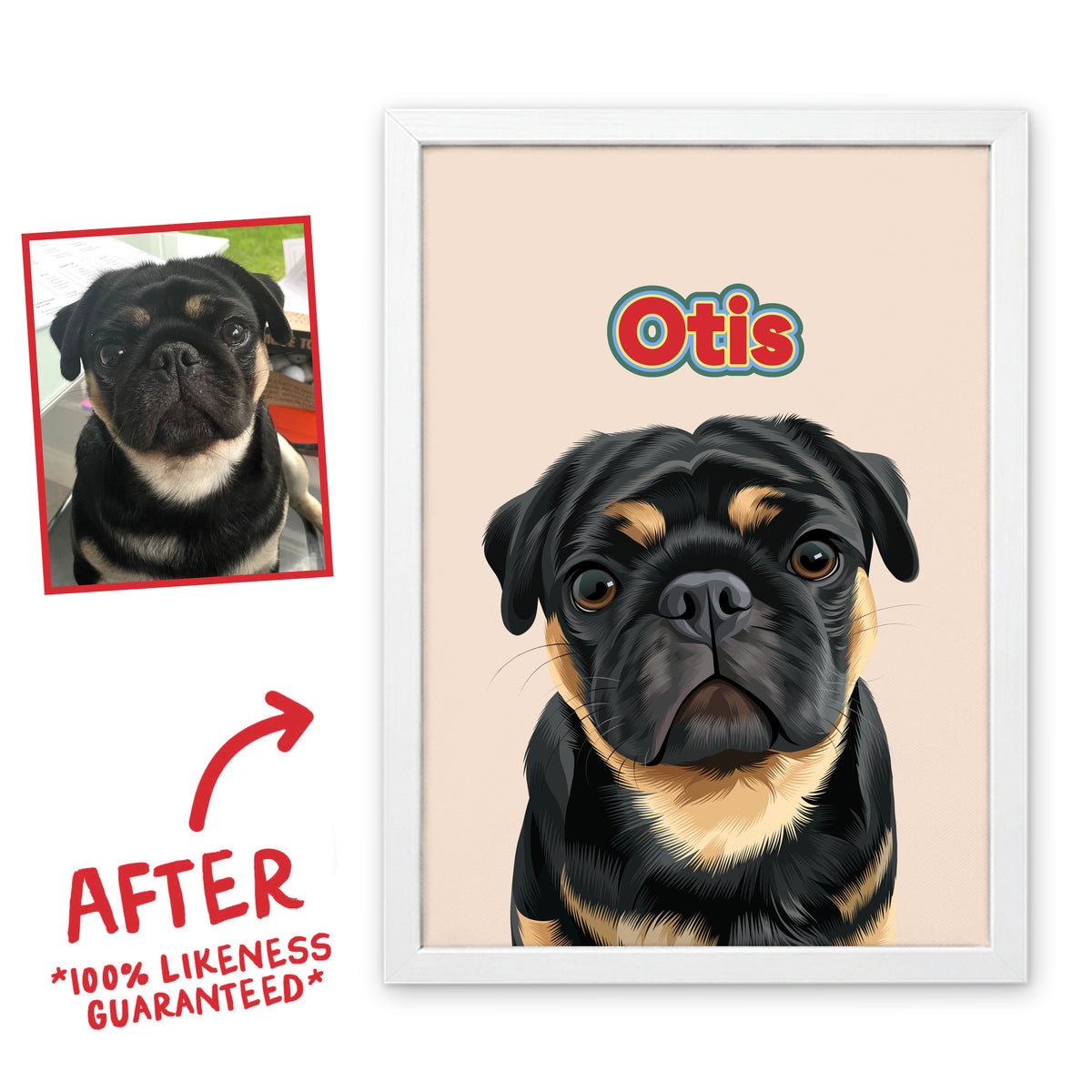 Retro Wild pet portrait of Otis in a white frame, before and after, 100% likeness guaranteed